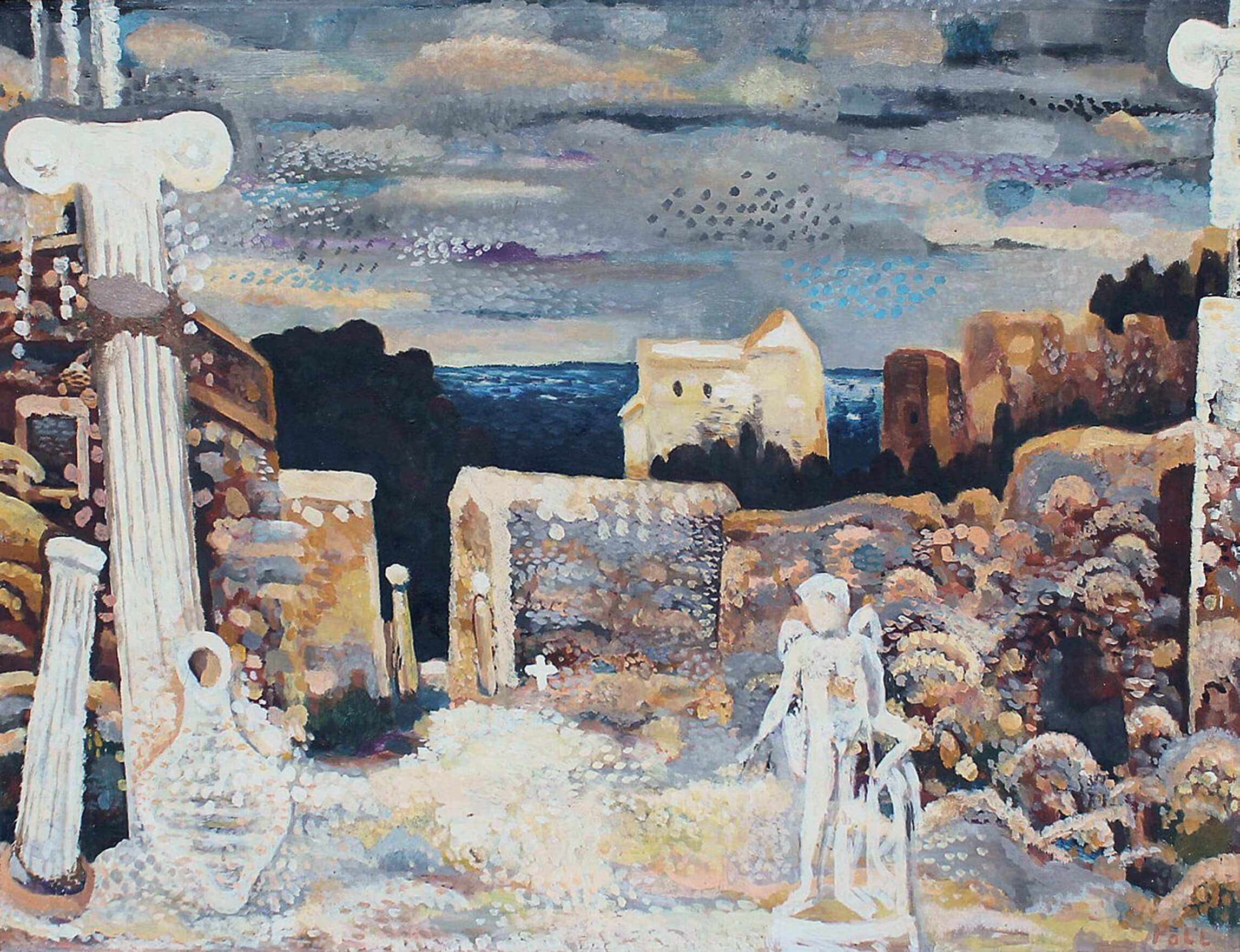 Hermann Poll_Friedhof auf Ischia_Südlicher Friedhof mit Engel_1950er_Öl auf Leinwand, 53 x 63 cm