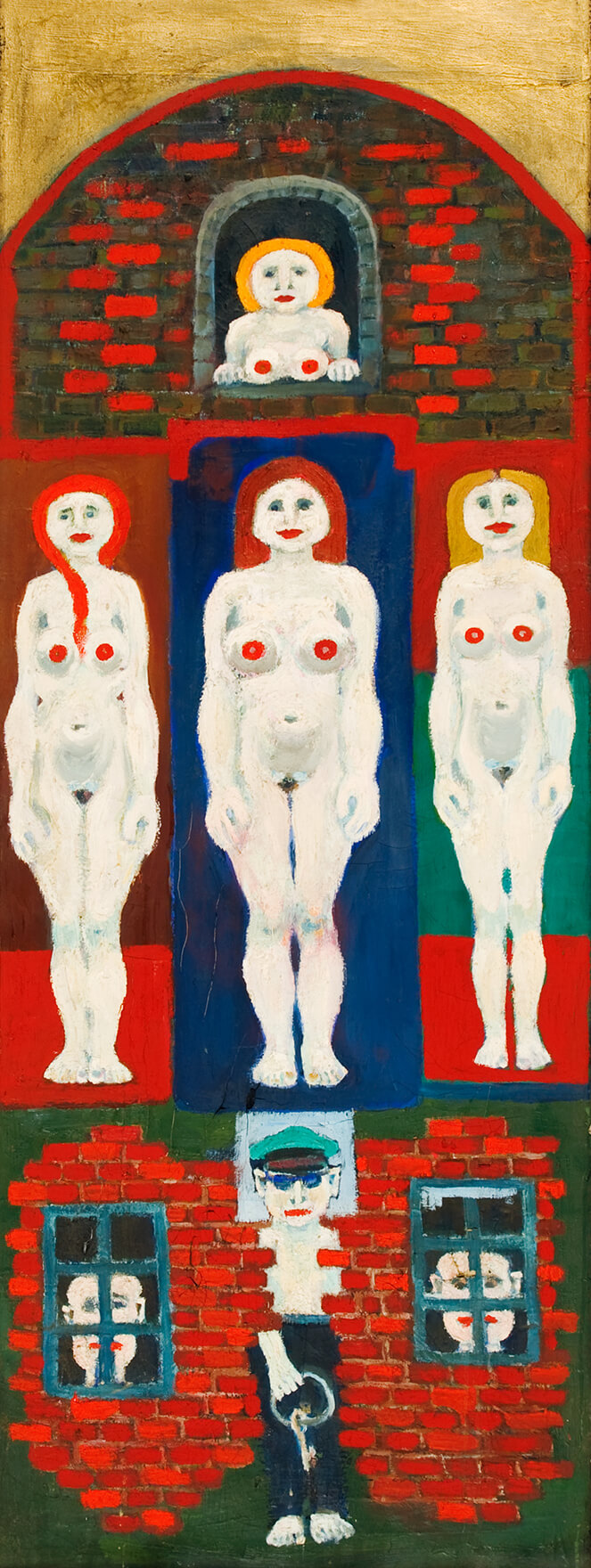 Wilhelm Schläger - Die drei Grazien und ihre Grossväter, 1964, Öl und Acryl auf Leinwand. 120 x 45 cm