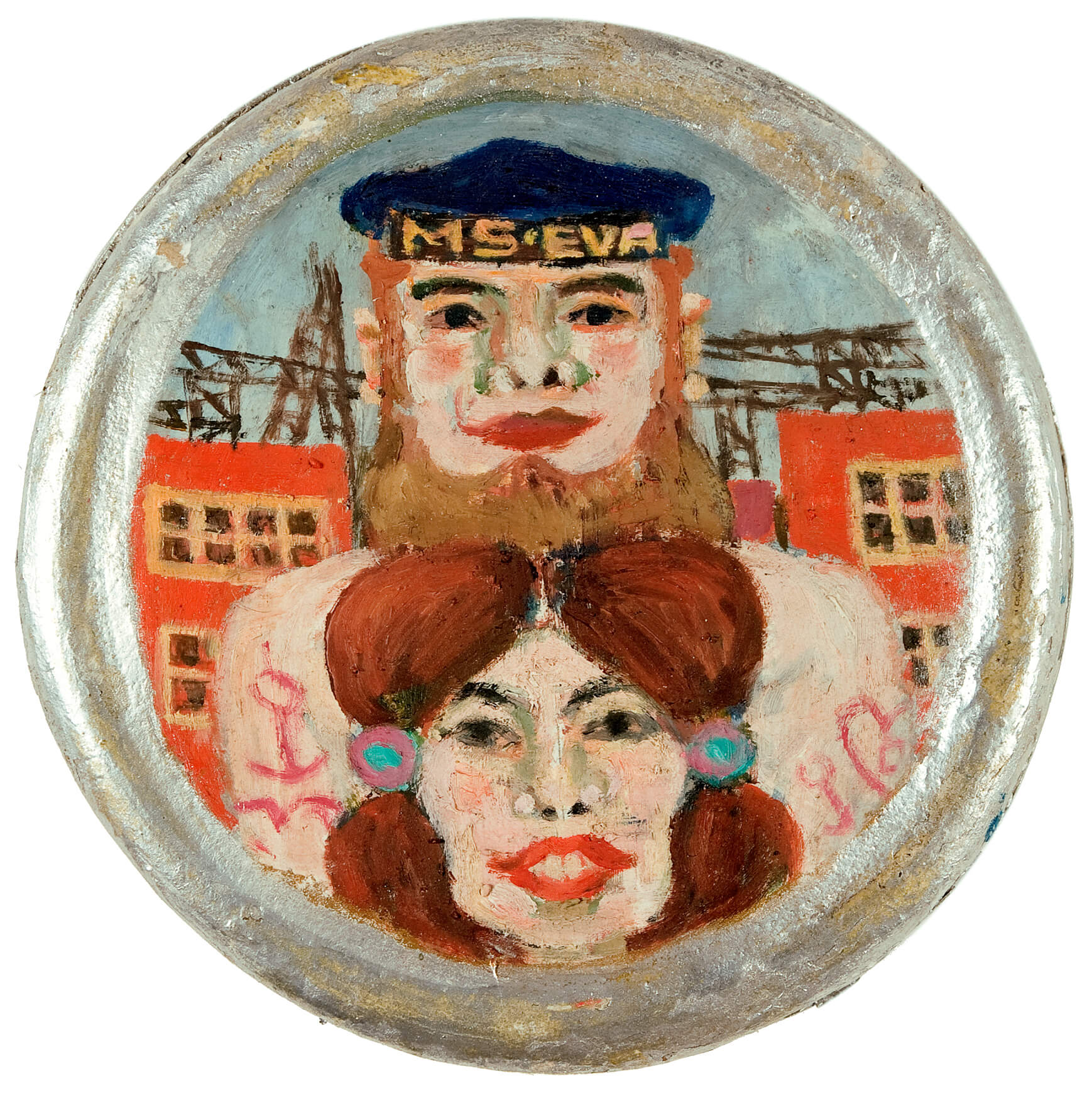 Wilhelm Schläger - Matrose mit Mädchen (MS Eva), 1972, Öl und Acryl auf rundem Pappdeckel, d22,5 cm