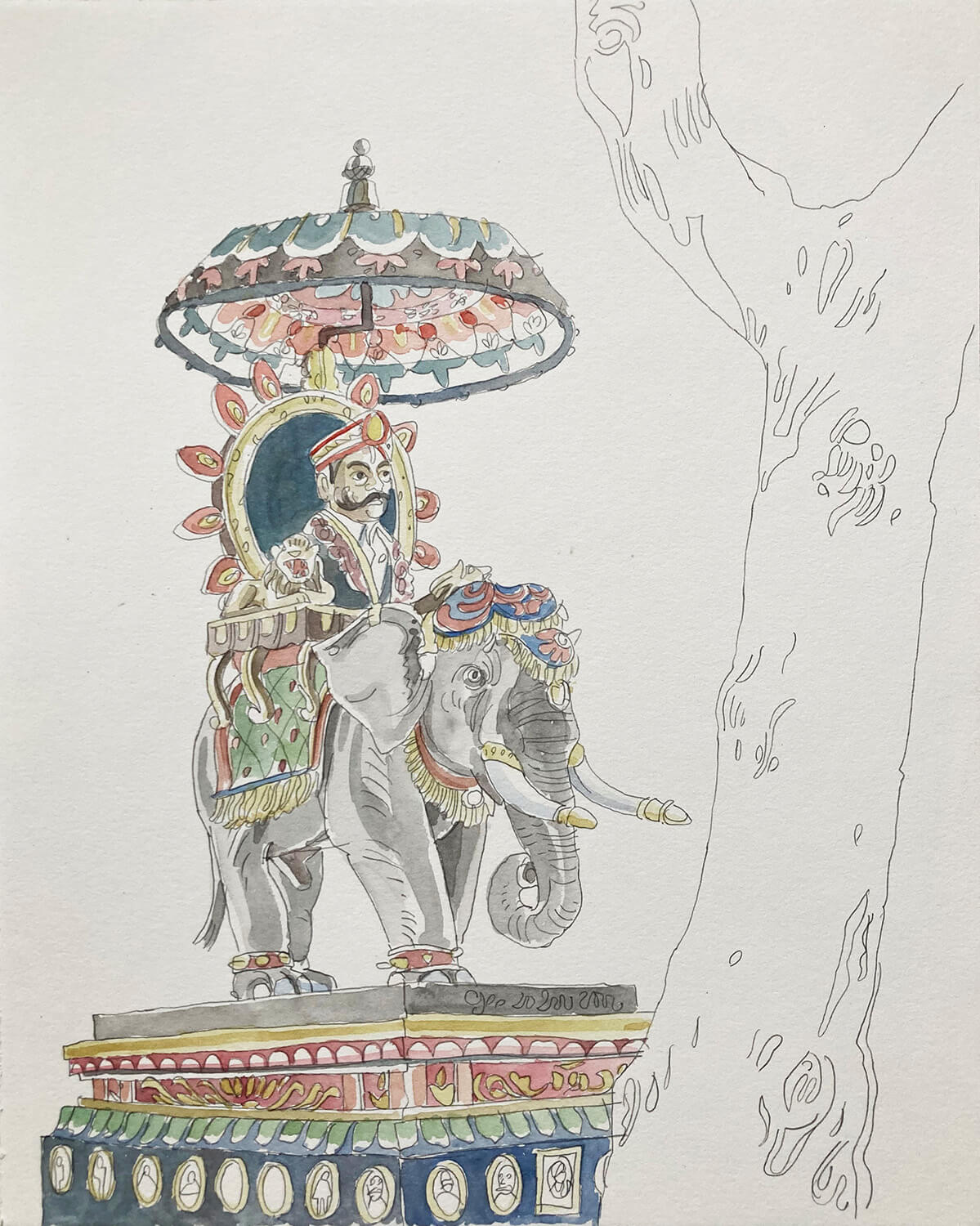 Matthias Beckmann, Das prachtvolle Grabmal mit dem Elefanten, 2022, Bleistift und Aquarell, 30 x 24 cm