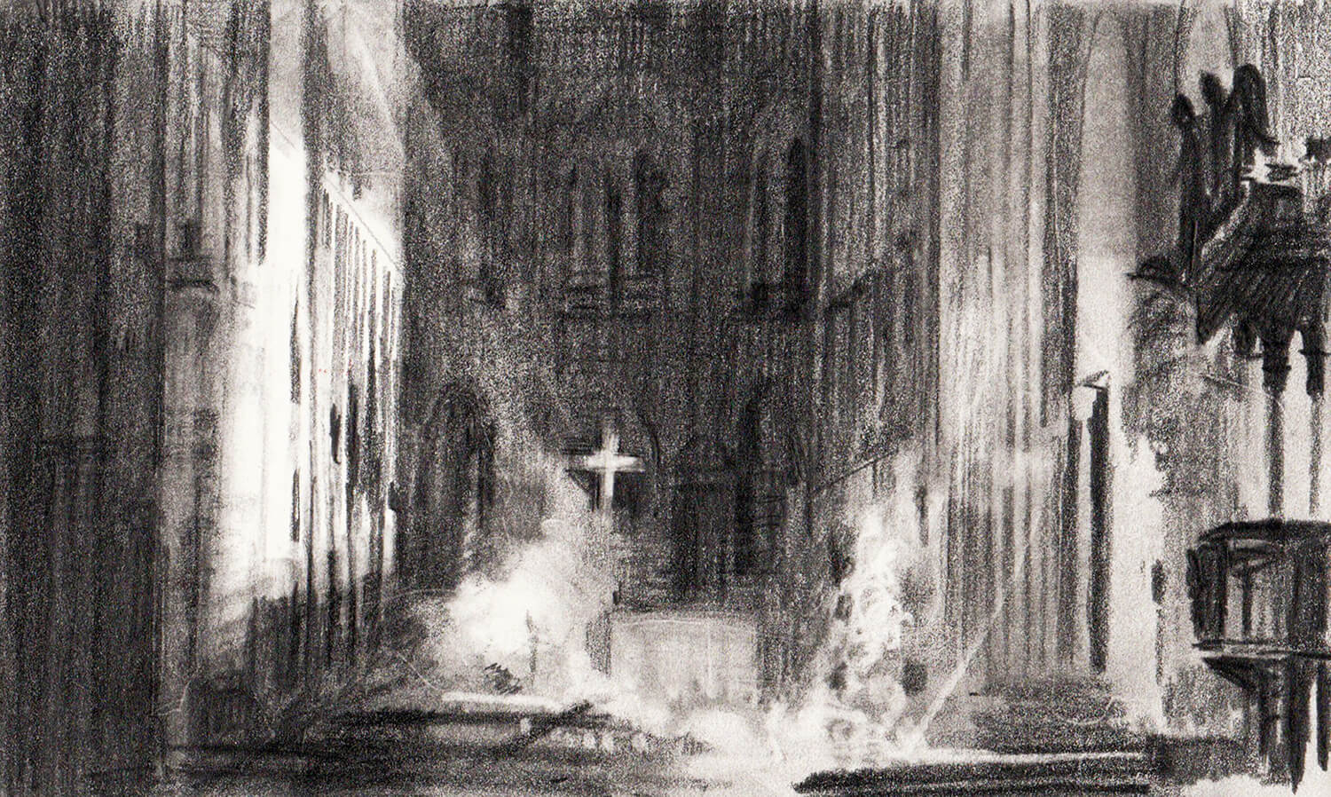 Martina Altschäfer, France, Paris, Notre-Dame, 6.4.2019 (44), 2021, graphite on cardboard, 10 x 16 cm