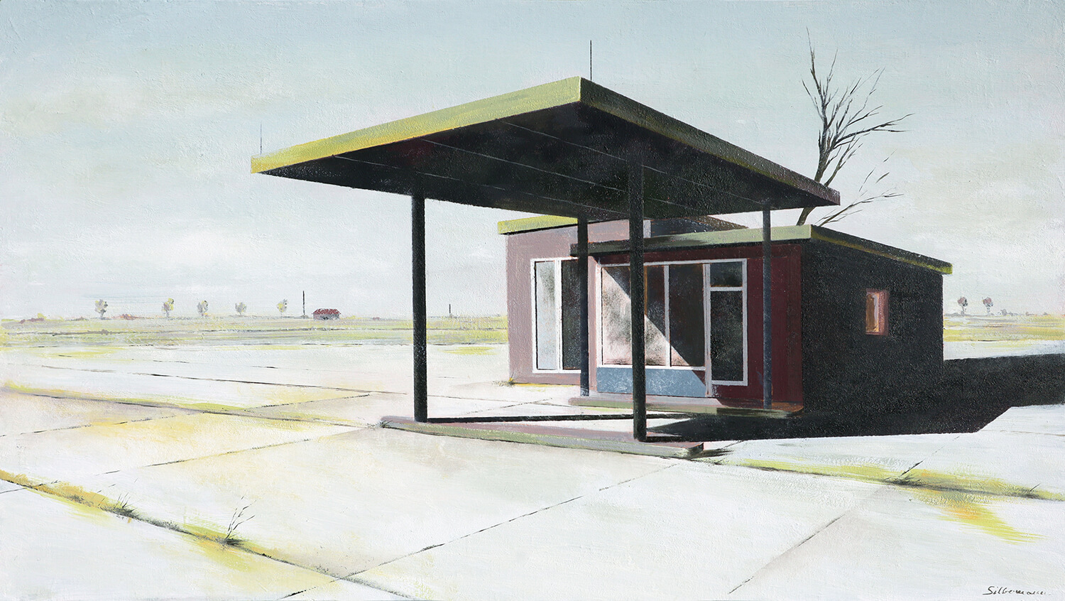 Andreas Silbermann, Tankstelle mit grünem Dach, 2022, Öl auf Holz, 21,5 x 39 cm