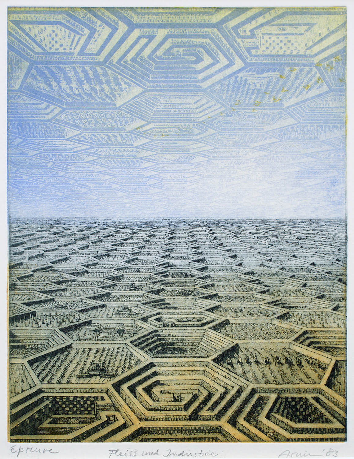 Bettina von Arnim, Fleiß und Industrie, 1983, Farbradierung, Auflage: 20, Bild: 27 x 20,7 cm, Blatt: 47 x 38 cm