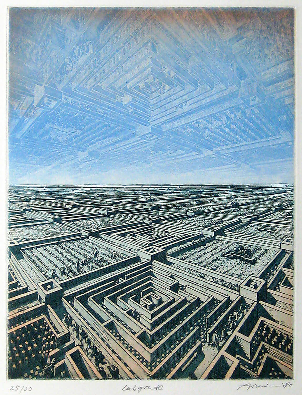 Bettina von Arnim, Labyrinth, 1980, Farbradierung, Auflage: 30, Bild: 27 x 21 cm