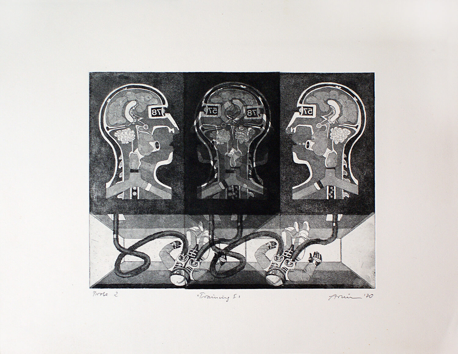 Bettina von Arnim, Training I, 1970, Radierung, Probe 2, Motiv: 22,7 x 29,9 cm, Blatt: 37,5 x 48,1 cm