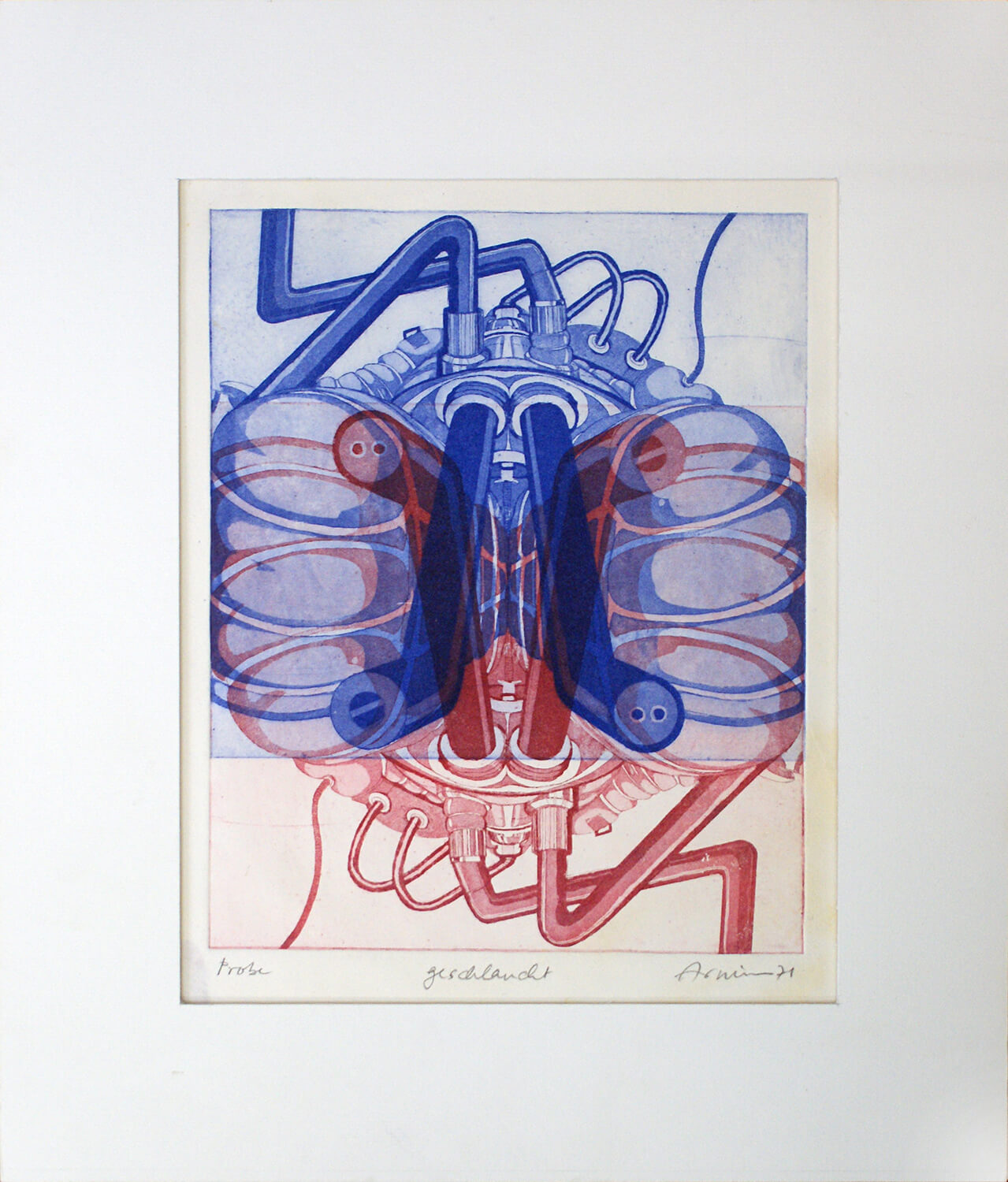 Bettina von Arnim, geschlaucht, 1971, Farbradierung, Probe (Unikat), Motiv: 26,9 x 21,7 cm, Blatt: 42,5 x 37 cm
