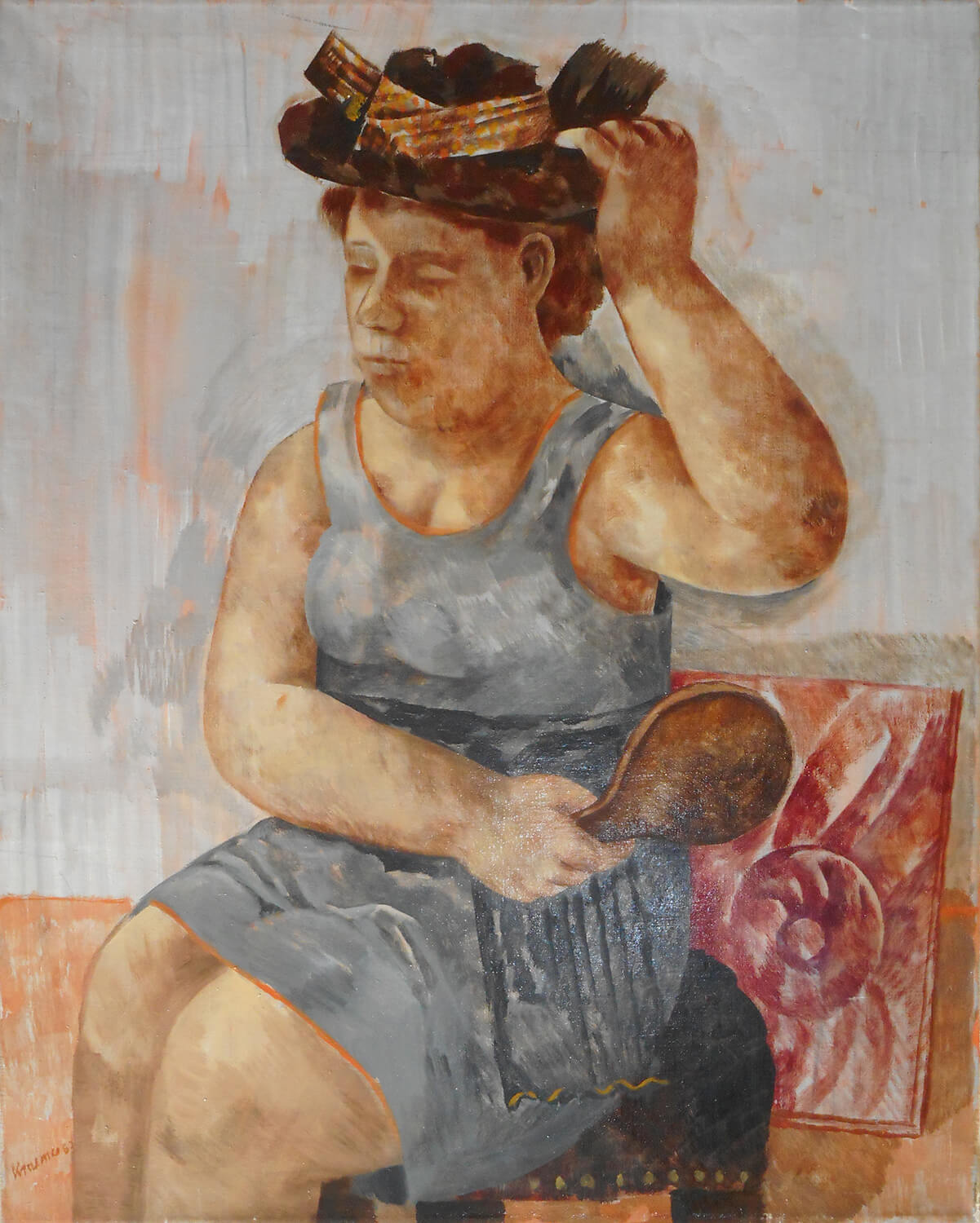 Dieter Kraemer, Frau mit Hut und Spiegel, 1963, Öl auf Leinwand, 100 x 80 cm