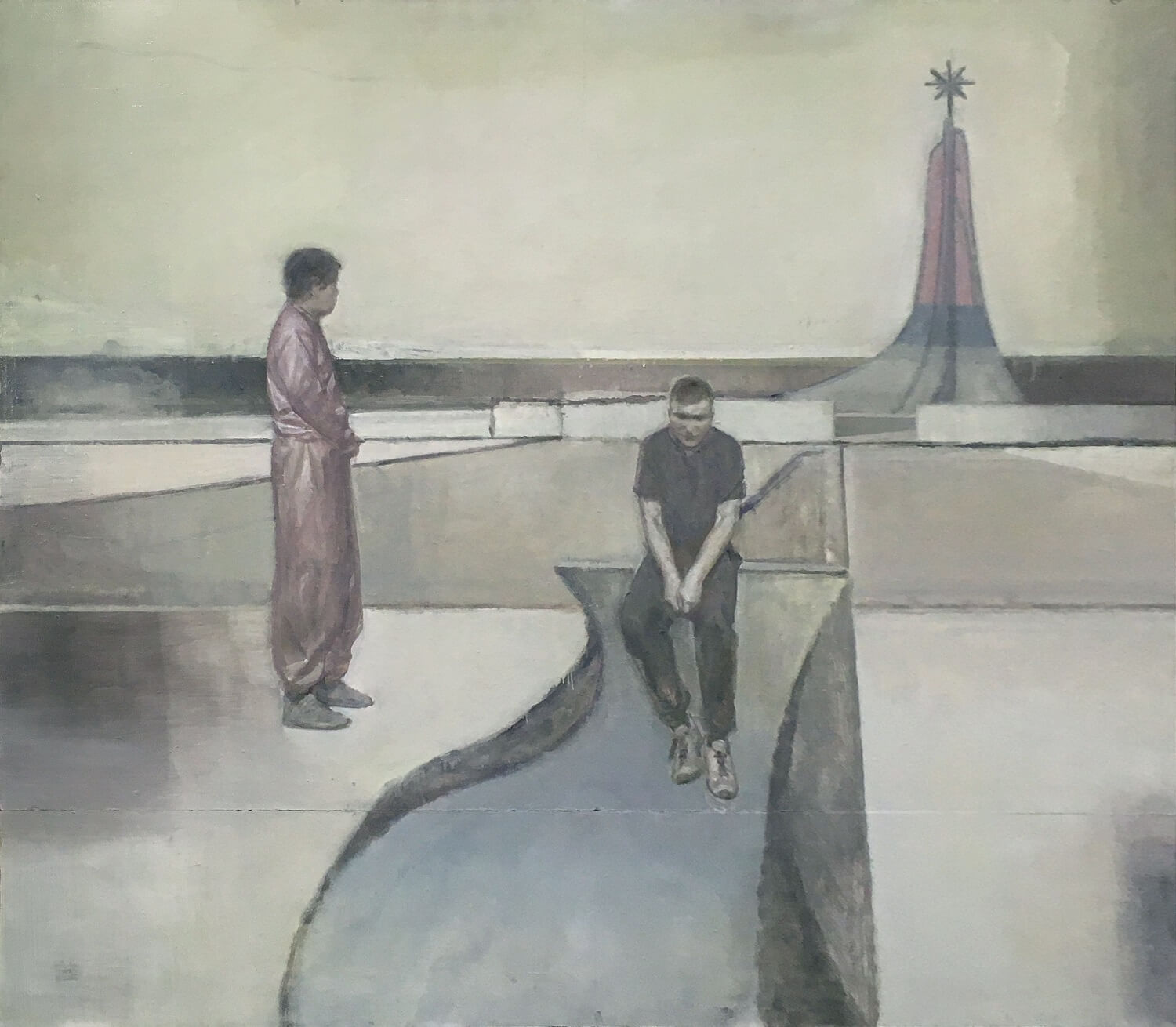 Eric Keller, Mahnmal, 2023, Öl auf Holz, 196 x 221 cm