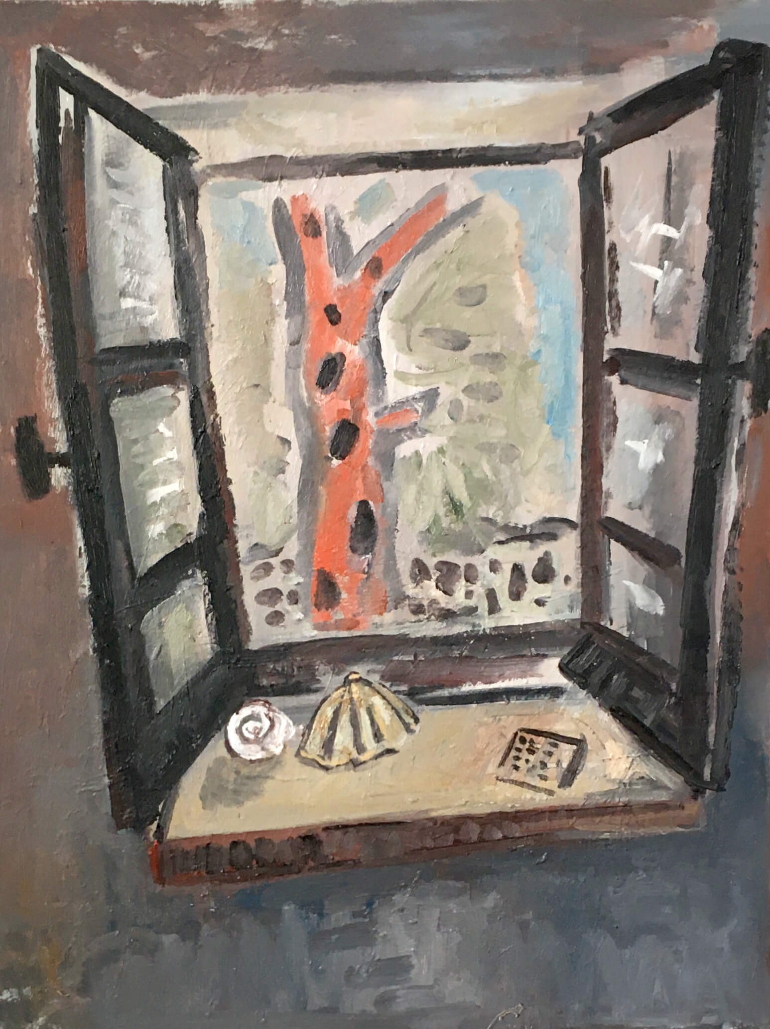 Ralf Kerbach, Fensterstilleben, 2021, Öl auf Leinwand, 130 x 100 cm