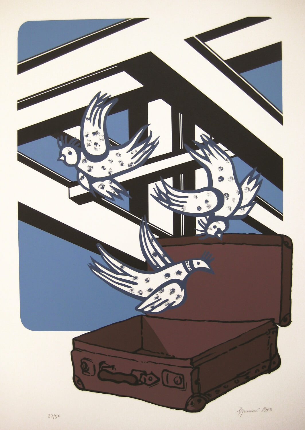 Giangiacomo Spadari, Con tutto amore, Farbsiebdruck, Auflage: 50, 62 x 41 cm, aus: Mappe „Fremdarbeiter-Situationen“, 1973