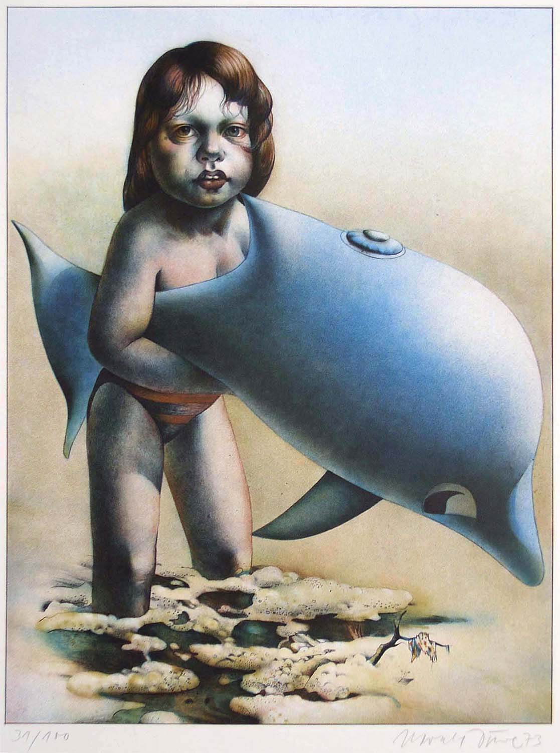 Harald Duwe, o. T. (Kind mit Delphin), 1973, Farblithographie, Auflage: 100, Bild: 51,5 x 39,5 cm, Blatt: 65 x 49,6 cm