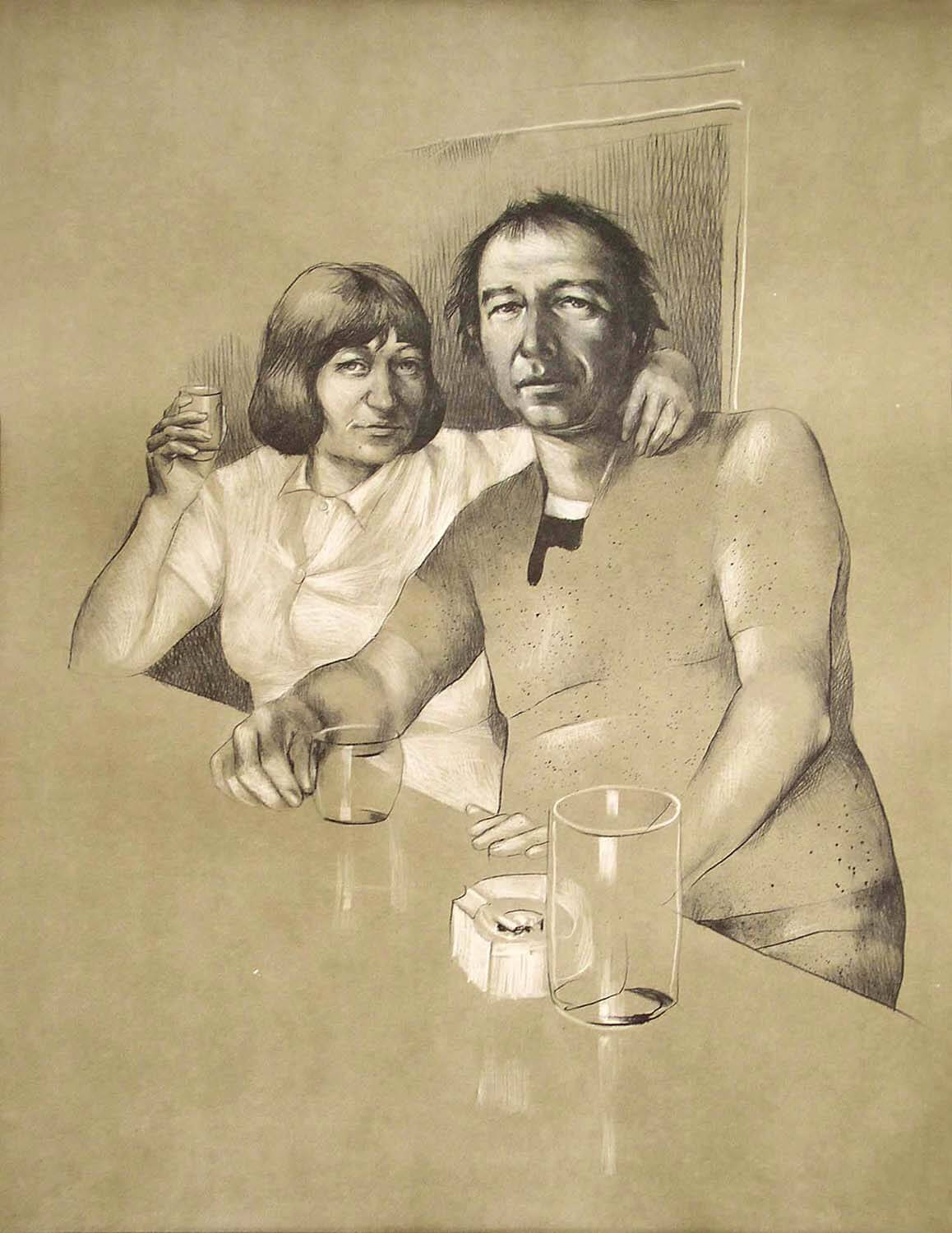 Harald Duwe, o. T. (Selbst mit Frau am Tresen), 1975, Lithographie, Auflage: 100, Bild: 55,5 x 43,5 cm, Blatt: 65 x 50 cm