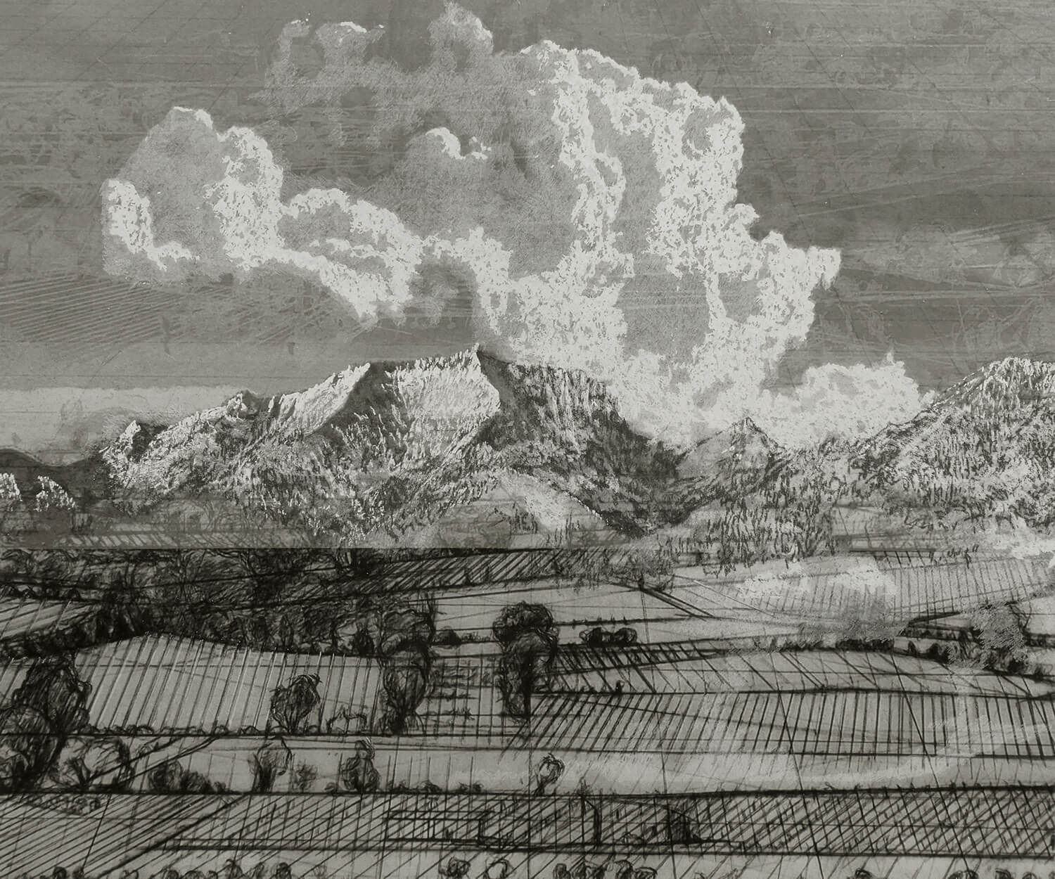 Heike Negenborn, Weiße Wolke Nr. 16, 2021, Chine Collé auf Büttenpapier, gerahmt, Unikatsgrafik, 50 x 60 cm
