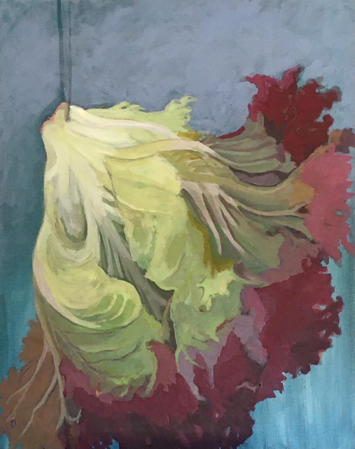 Heidrun Rueda, Hängender Salatkopf auf Blau, 2021, Tempera, Acrylfarbe auf Leinwand, 100 x 80 cm