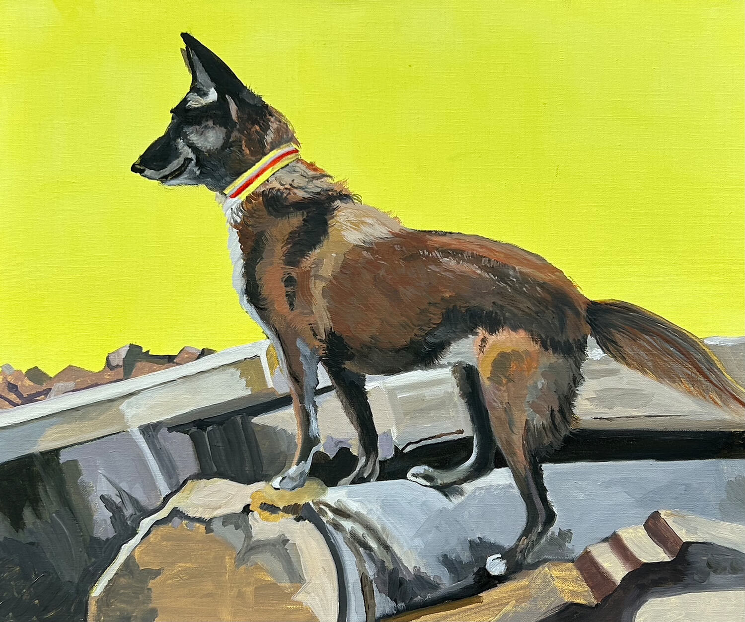 Heidrun Rueda, Rettungshund, 2023, Öl auf Leinwand, 50 x 60 cm