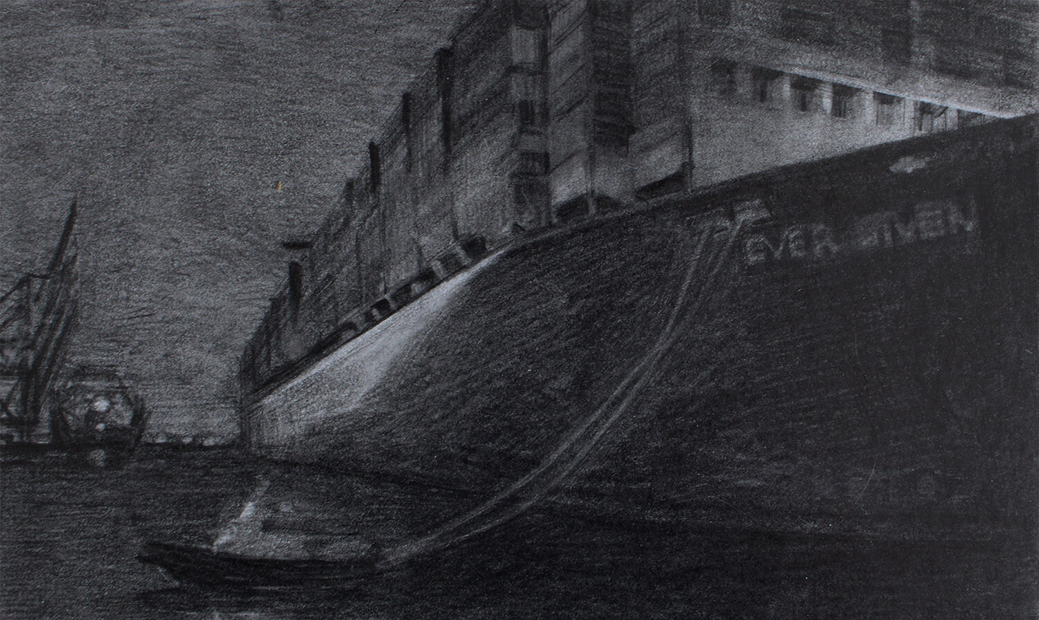 Martina Altschäfer, The Netherlands, Rotterdam, Incoming Ever Given (60), 2021, graphite on cardboard, 10 x 16 cm