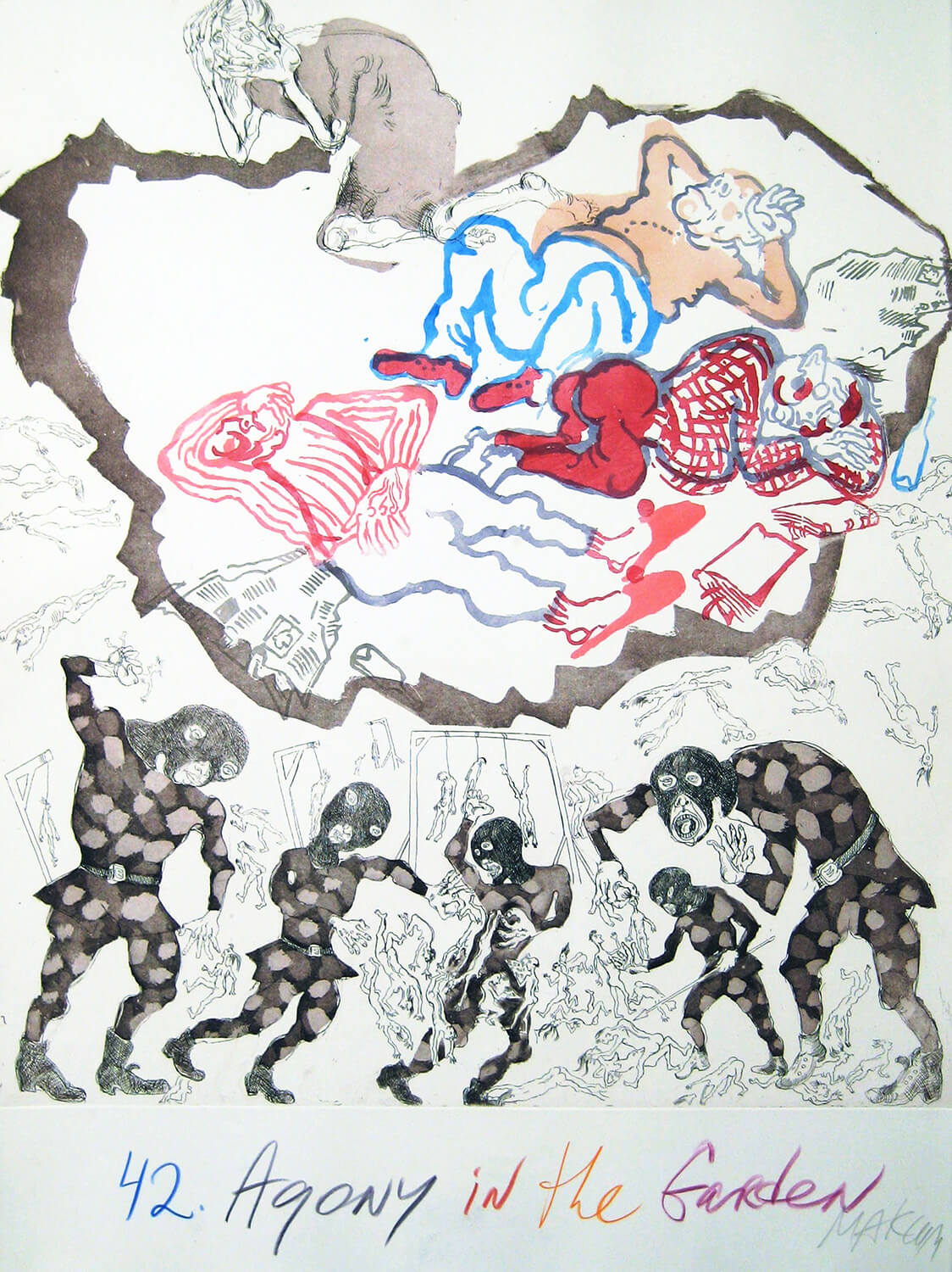 Maxim Kantor, Agony the Garden, Farbradierung, Lithographie, Aquatinta, Auflage: 75, 63,5 x 55,5 cm, aus: Mappe „Metropolis“, 2002/03