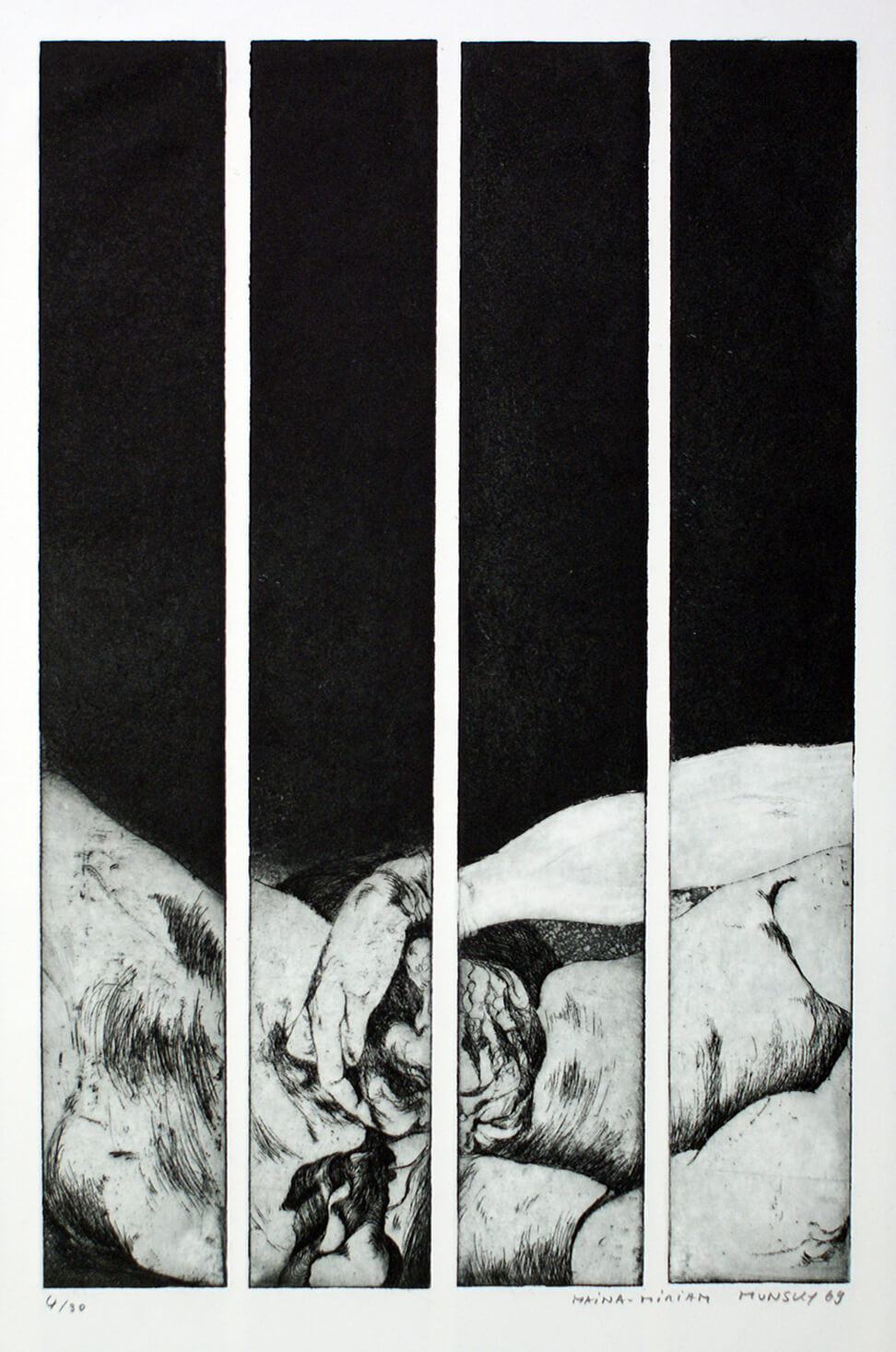 Maina-Miriam Munsky, Streifengeburt, 1969, Radierung, Auflage: 30, Bild: 39,5 x 26 cm, Blatt: 58,5 x 40 cm