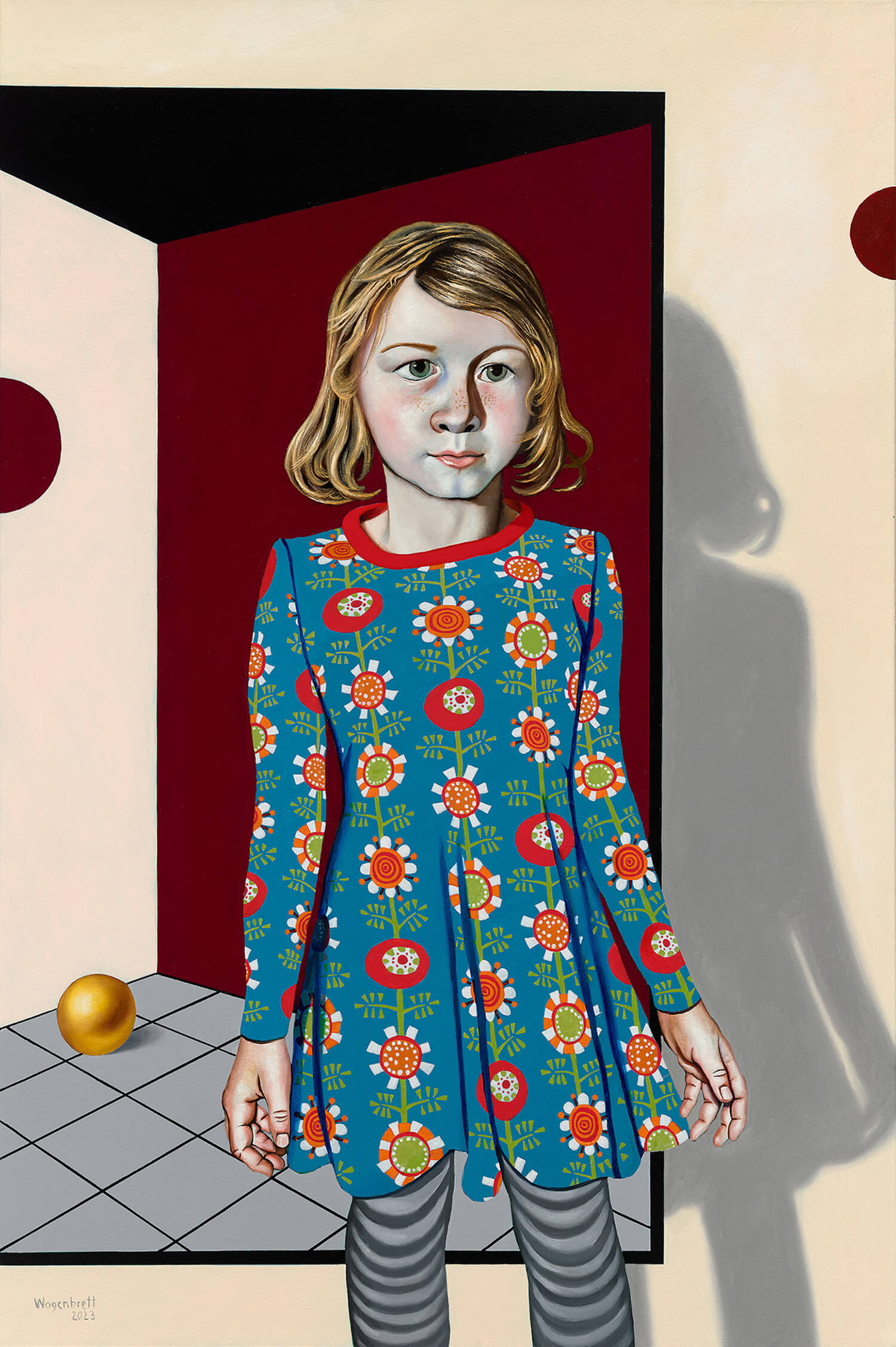 Norbert Wagenbrett, Mädchen mit goldener Kugel, 2023, Öl/Acryl auf Leinwand, 150 x 100 cm