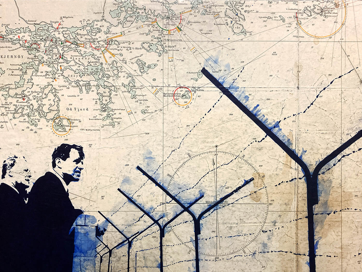 Peer Boehm, Dem Tag entgegen, 2022, Kugelschreiber auf bedrucktem Papier auf Holz, 30 x 40 cm