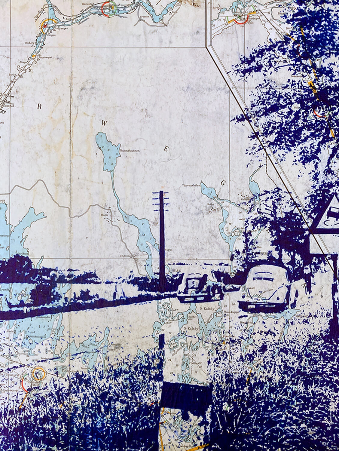 Peer Boehm, Guessing Number Plates, 2022, ballpoint pen on nautical chart on wood, 40 x 30 cm