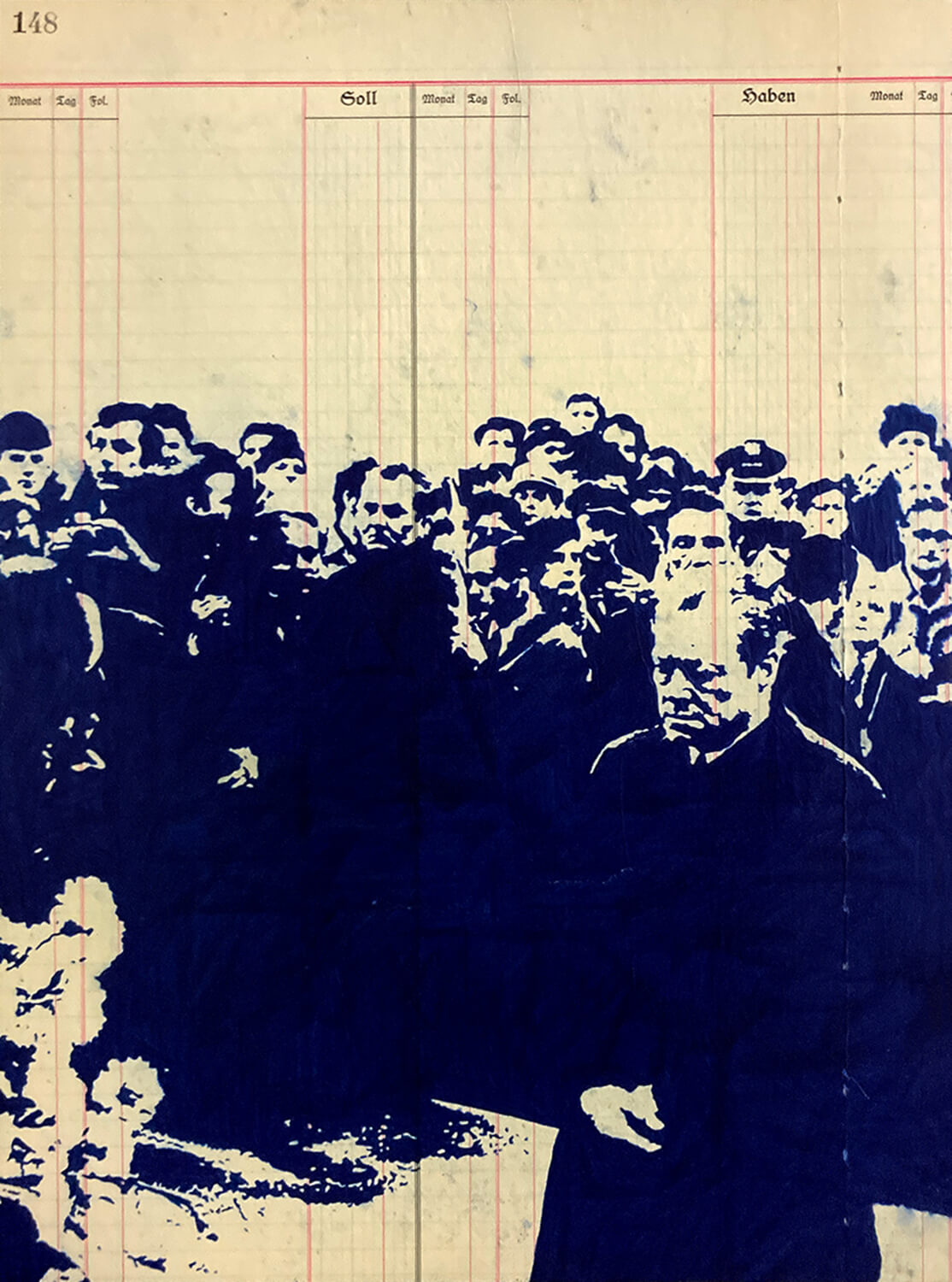 Peer Boehm, Soll und Haben, 2022, Kugelschreiber auf bedrucktem Papier auf Holz, 40 x 30 cm