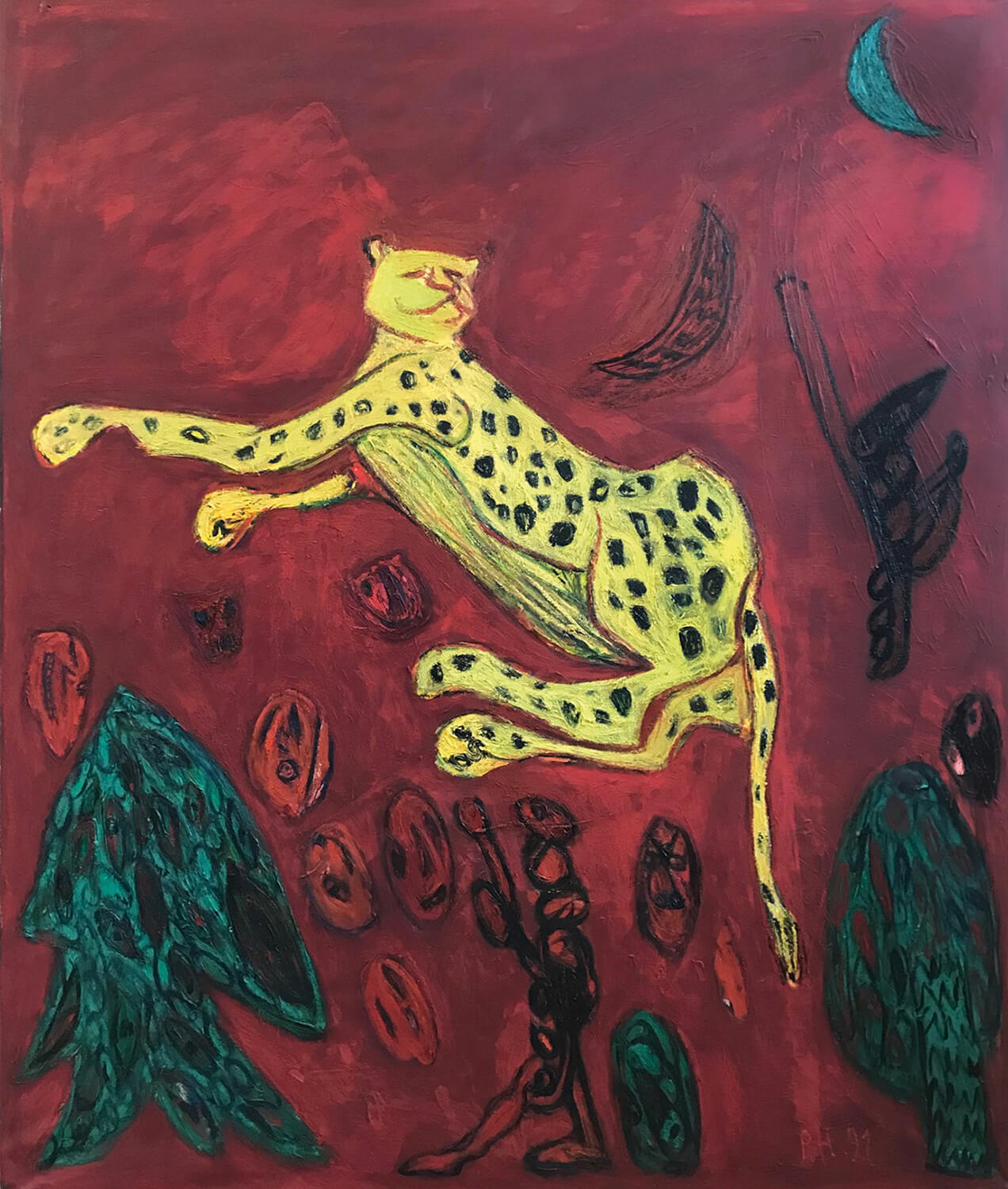 Peter Herrmann, Wenn Leoparden träumen, 1991, Öl auf Leinwand, 205 x 175 cm
