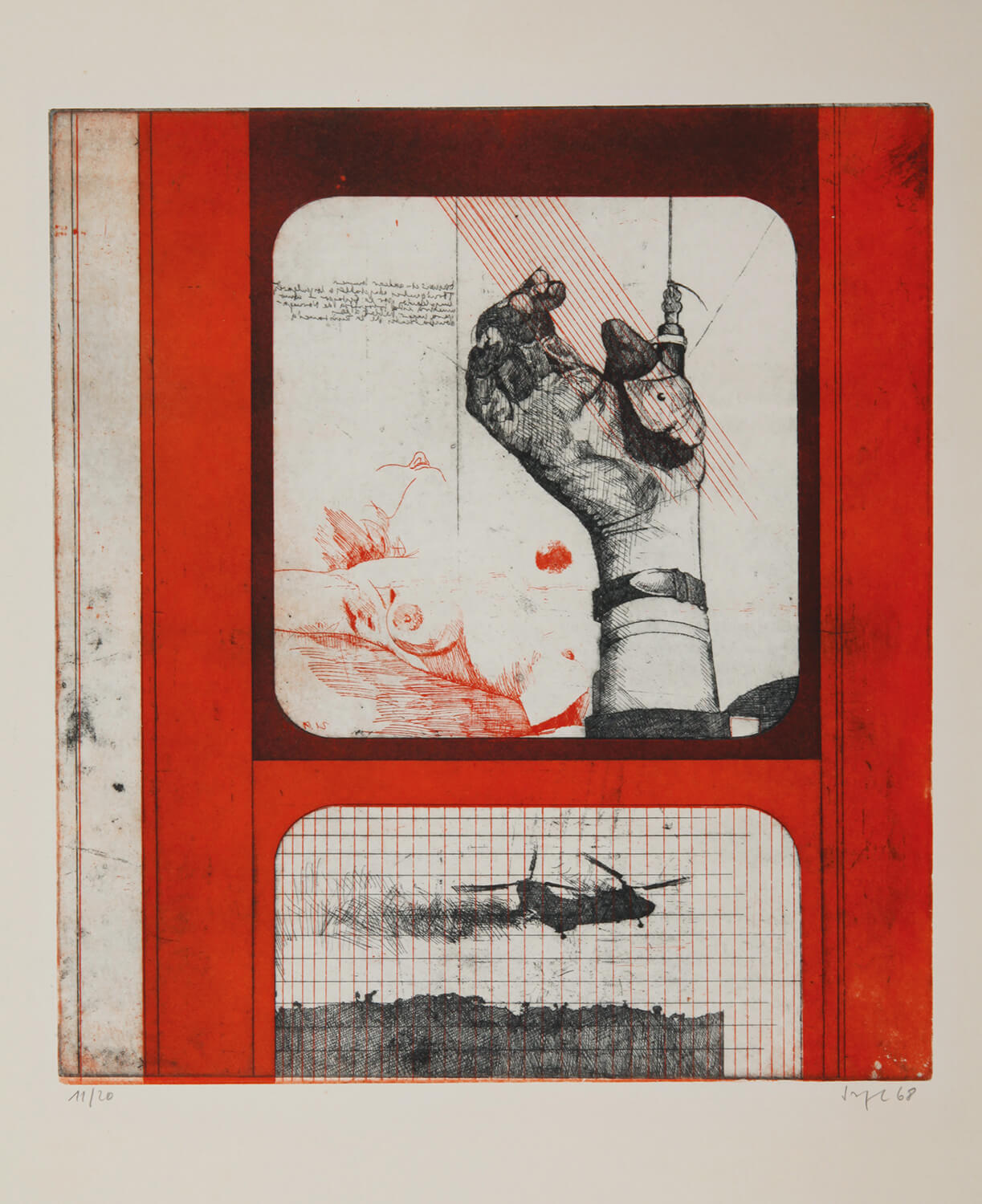 Peter Sorge, Heißer Sommer I, 1967, Farbradierung, Auflage: 20, Bild: 44 x 39,50 cm, Blatt: 75,6 x 54 cm (nur zusammen mit Heißer Sommer II + III)
