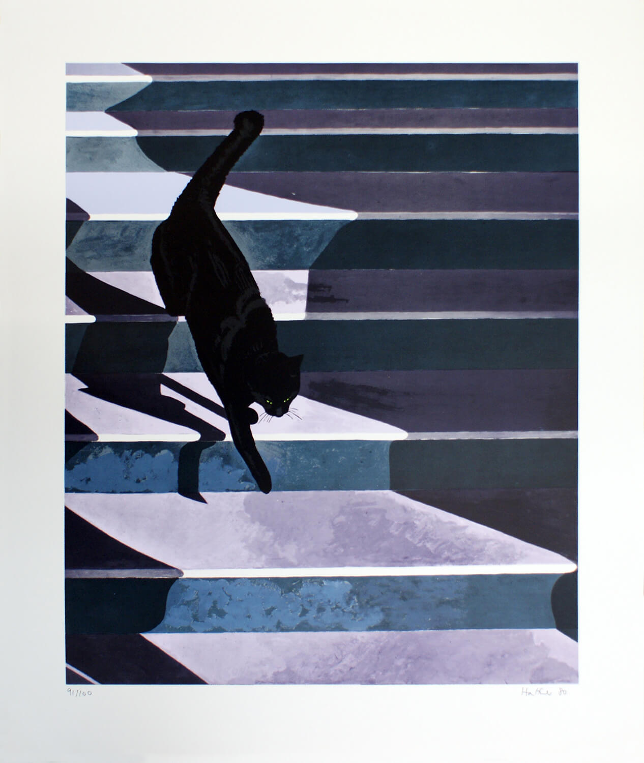 Sarah Haffner, Katze auf Treppe (violett), 1980, Siebdruck, Auflage: 100, 80 x 67,5 cm