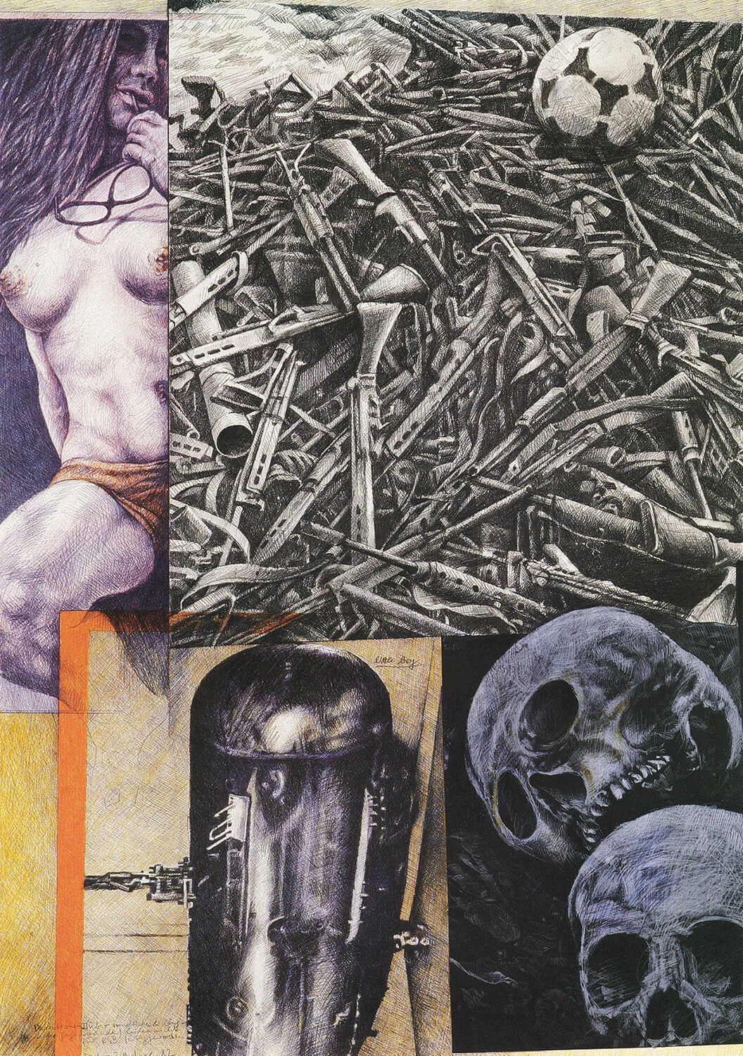Peter Sorge, Variationen (über rundliche und längliche Gegenstände), 1982, Blei- und Farbstift auf Karton, 90 x 70 cm (Diptychon, linke Seite)