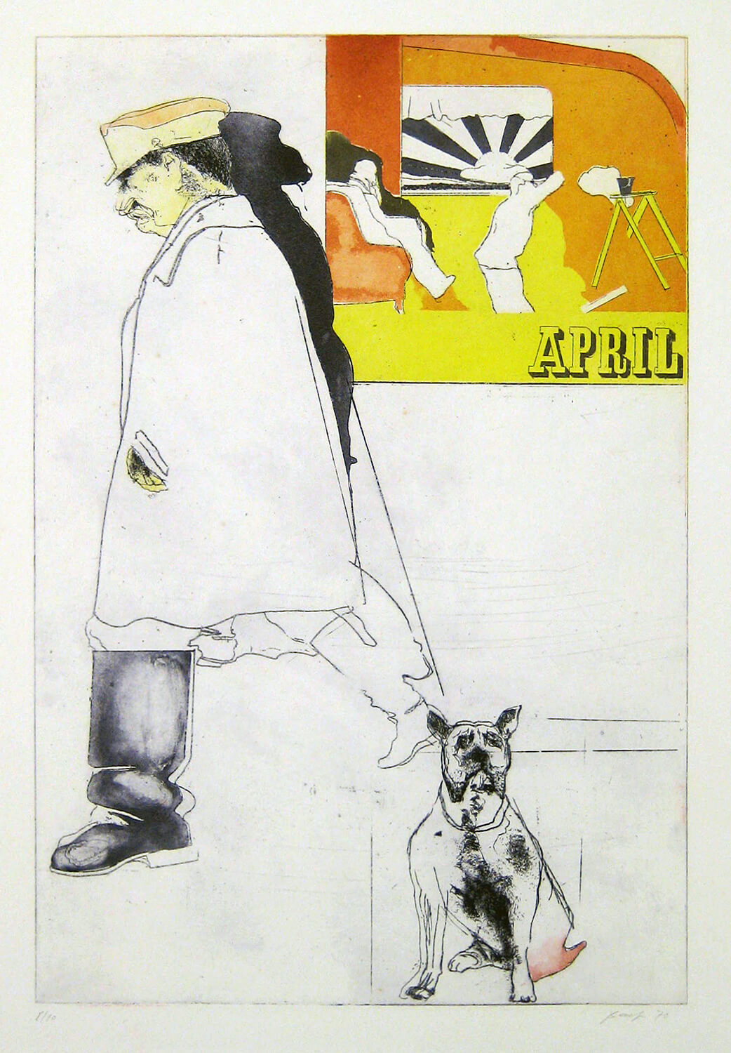Ulrich Baehr, Ein Jahr aus dem Leben Stalins, April, 1970, Farbradierung, Auflage: 10, 76 x 54 cm, Mappe mit 6 Motiven