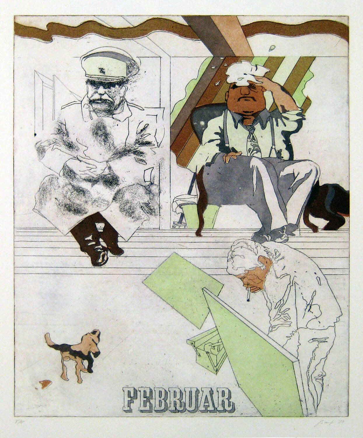 Ulrich Baehr, Ein Jahr aus dem Leben Stalins, Februar, 1970, Farbradierung, Auflage: 10, 76 x 54 cm, Mappe mit 6 Motiven