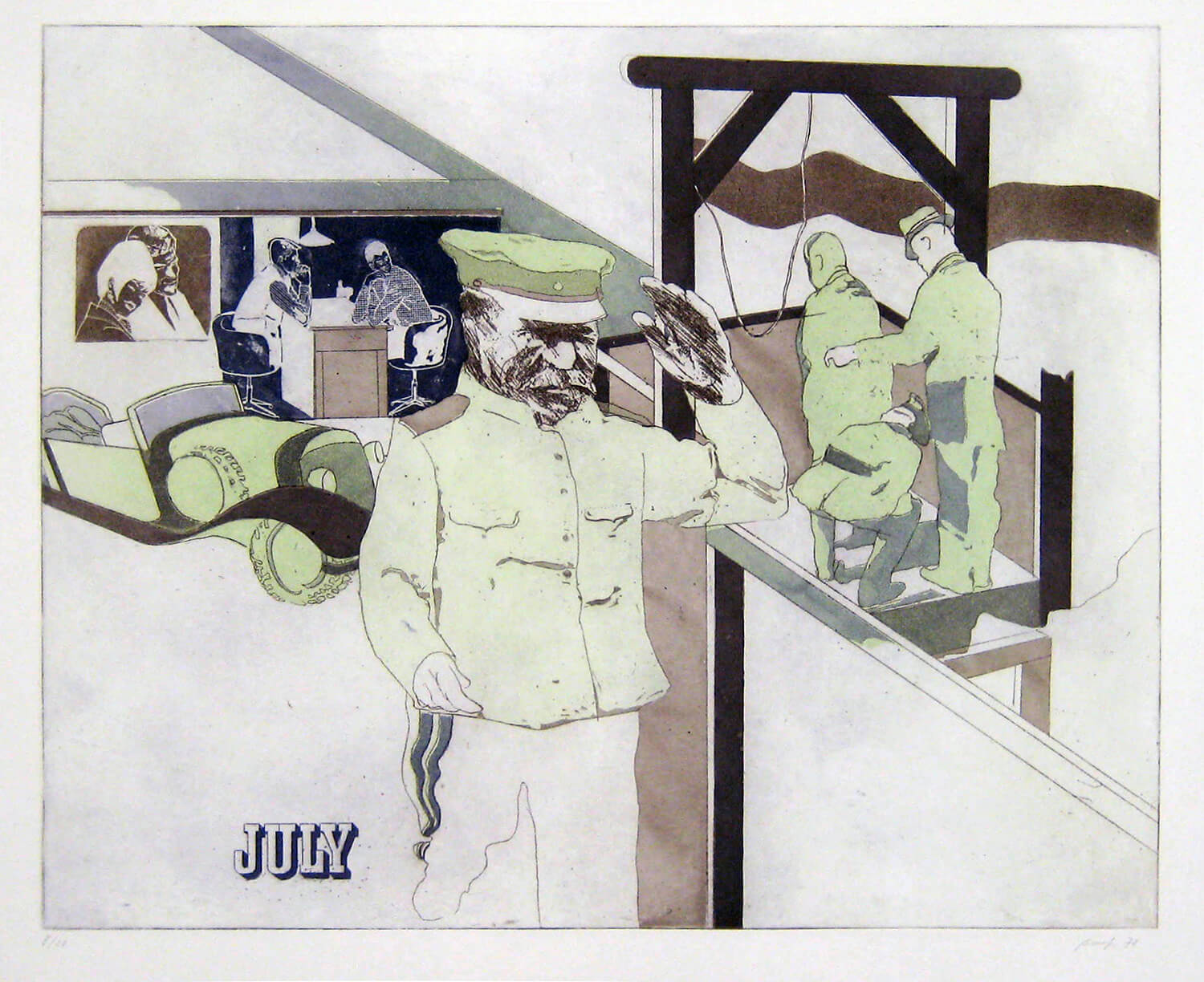 Ulrich Baehr, Ein Jahr aus dem Leben Stalins, July, 1970, Farbradierung, Auflage: 10, 54 x 76 cm, Mappe mit 6 Motiven