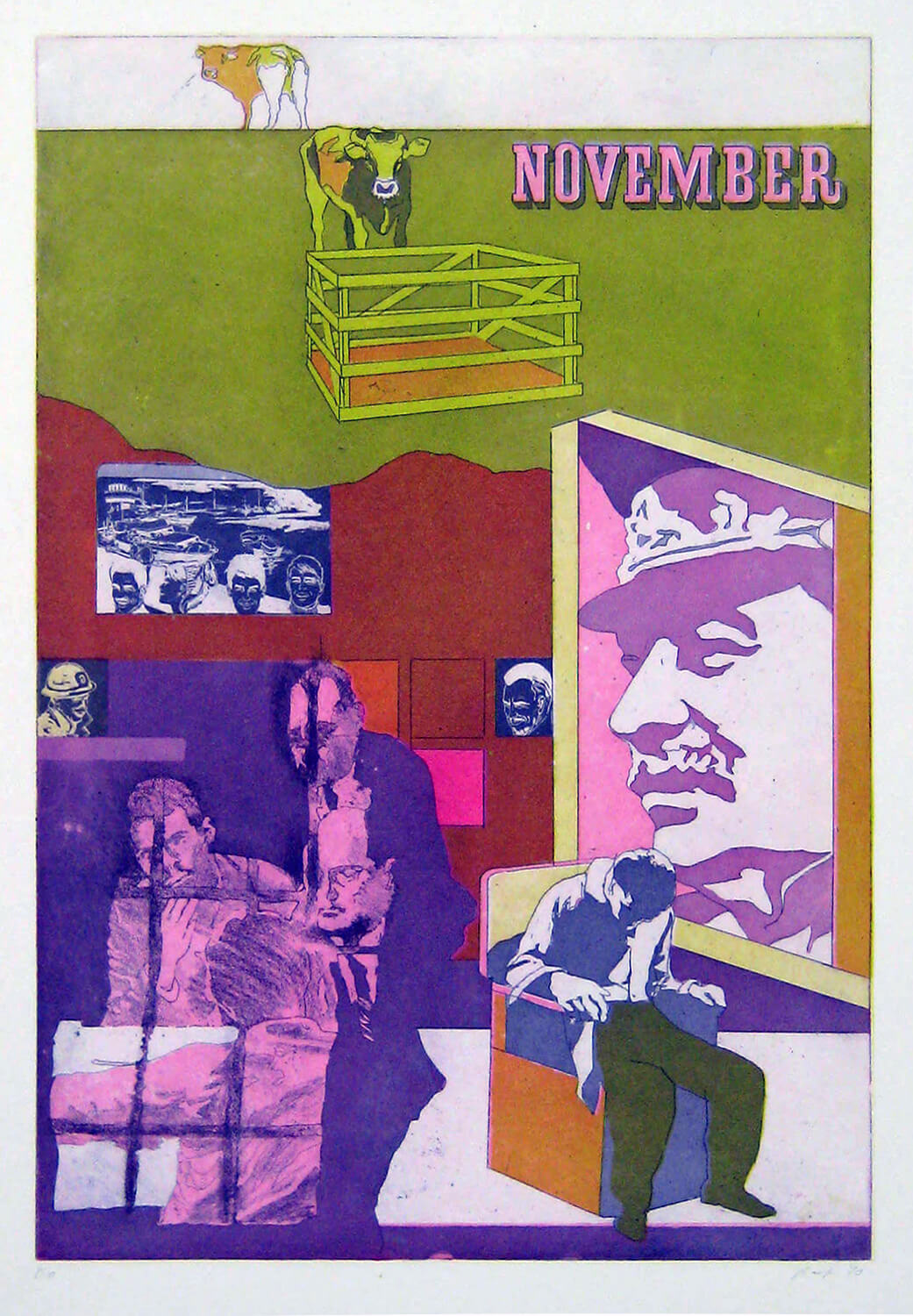 Ulrich Baehr, Ein Jahr aus dem Leben Stalins, November, 1970, Farbradierung, Auflage: 10, 76 x 54 cm, Mappe mit 6 Motiven