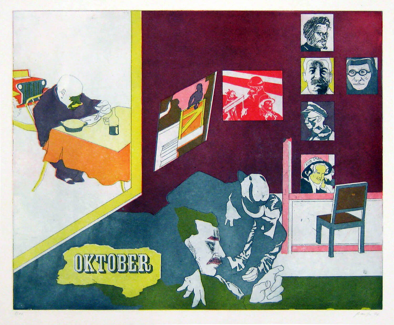 Ulrich Baehr, Ein Jahr aus dem Leben Stalins, Oktober, 1970, Farbradierung, Auflage: 10, 54 x 76 cm, Mappe mit 6 Motiven