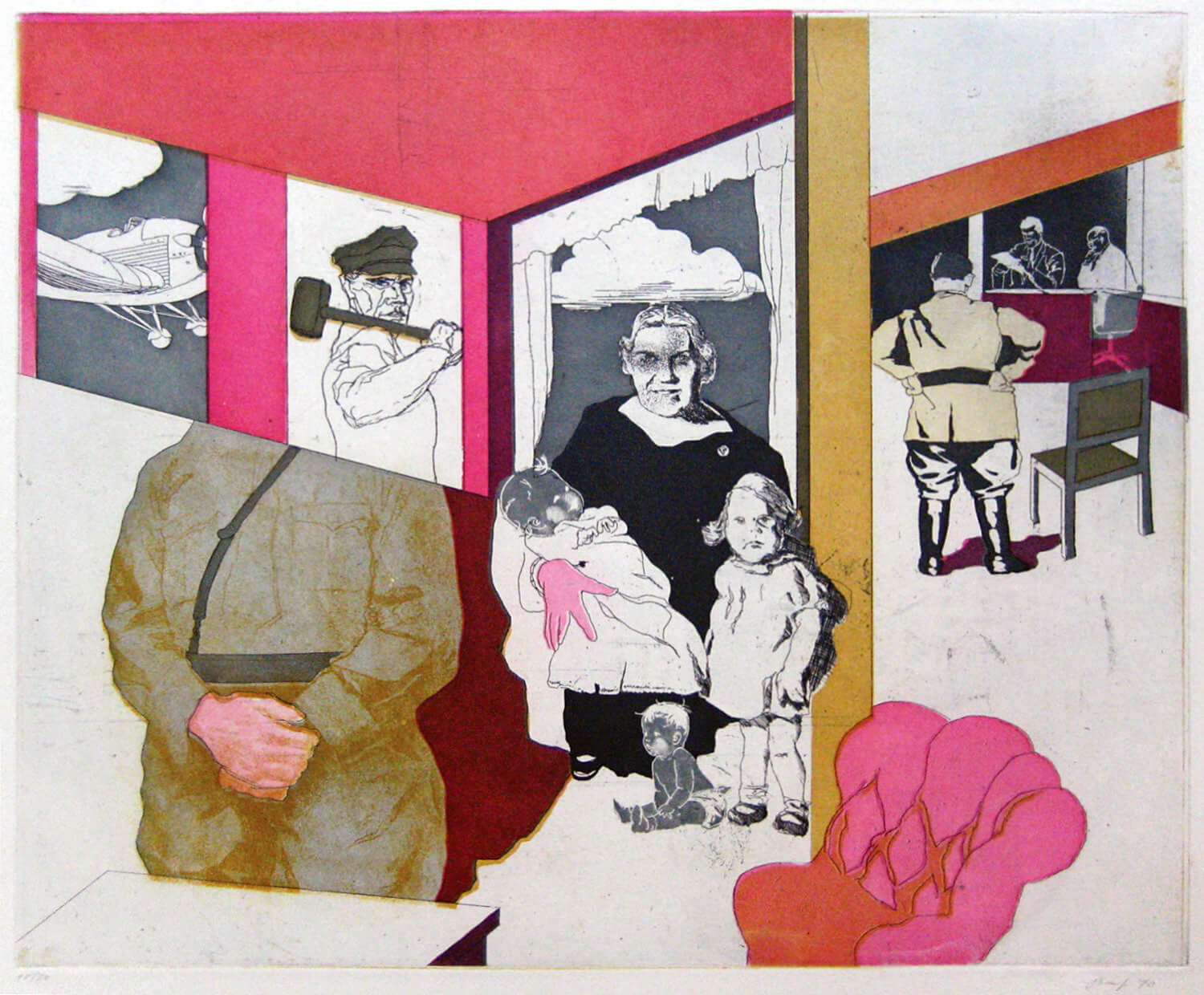 Ulrich Baehr, Sonderbeitrag: Einen Augenblick ruht die Arbeit. Der Führer fährt vorbei, 1970, Farbradierung, Auflage: 20, 54 x 76 cm, Mappe mit 5 Motiven