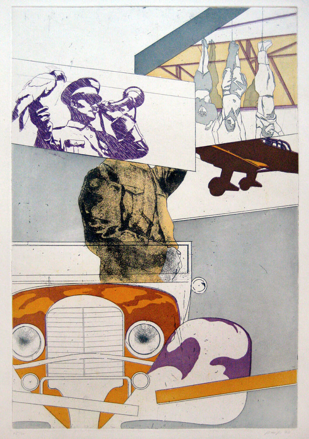 Ulrich Baehr, Sonderbeitrag: Einen Augenblick ruht die Arbeit. Der Führer fährt vorbei, 1970, Farbradierung, Auflage: 20, 76 x 54 cm, Mappe mit 5 Motiven