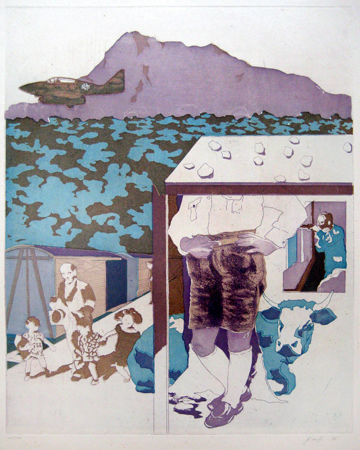 Ulrich Baehr, Sonderbeitrag: Einen Augenblick ruht die Arbeit. Der Führer fährt vorbei, 1970, Farbradierung, Auflage: 20, 54 x 76 cm, Mappe mit 5 Motiven
