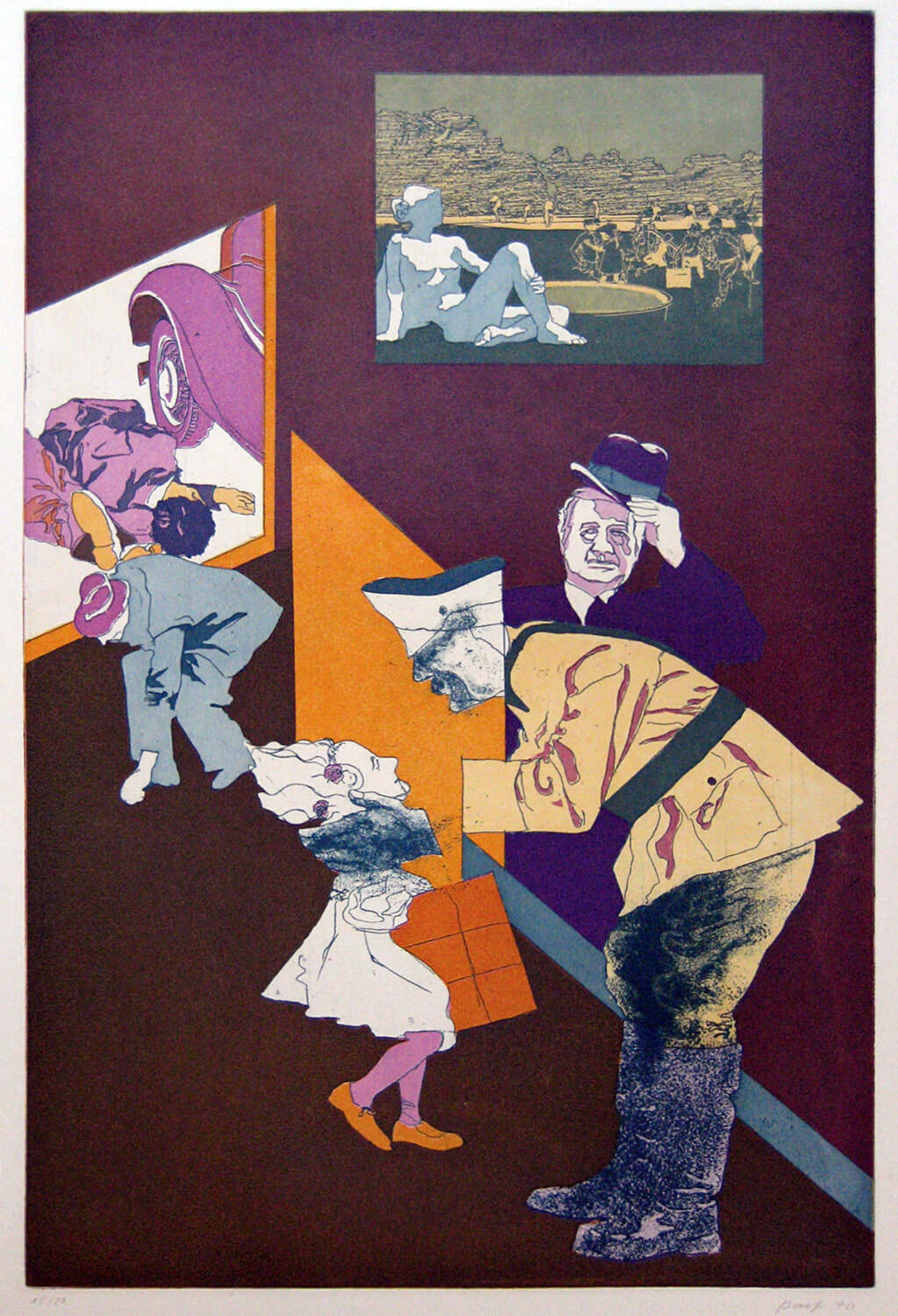 Ulrich Baehr, Sonderbeitrag: Einen Augenblick ruht die Arbeit. Der Führer fährt vorbei, 1970, Farbradierung, Auflage: 20, 76 x 54 cm, Mappe mit 5 Motiven