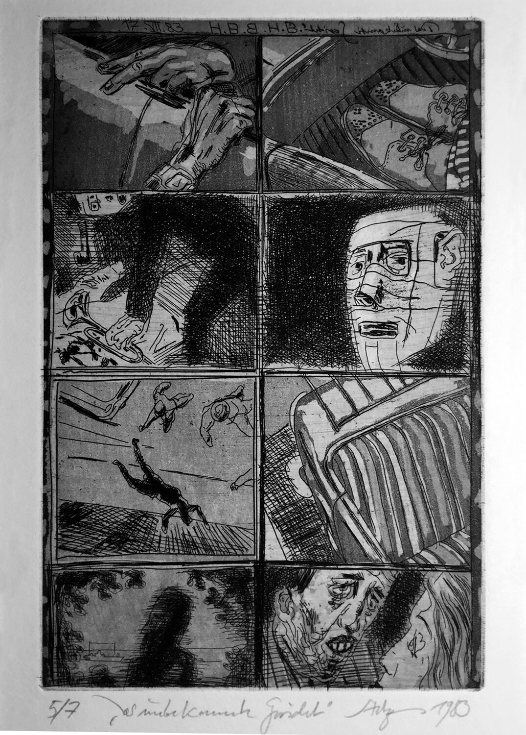 Volker Stelzmann, Das unbekannte Gesicht, 1980, Radierung, Strichätzung, Aquatinta, Auflage: 7, Bild: 19,5 x 7 cm, Blatt: 53,5 x 38 cm