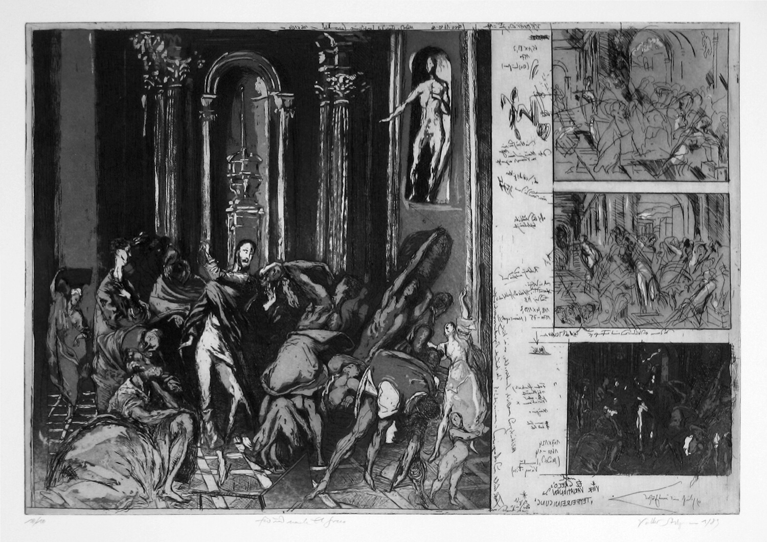 Volker Stelzmann, Für und nach El Greco, 1989, Radierung, Strichätzung, Aquatinta, Auflage: 10, Bild: 40 x 59,5 cm, Blatt: 55,5 x 76 cm