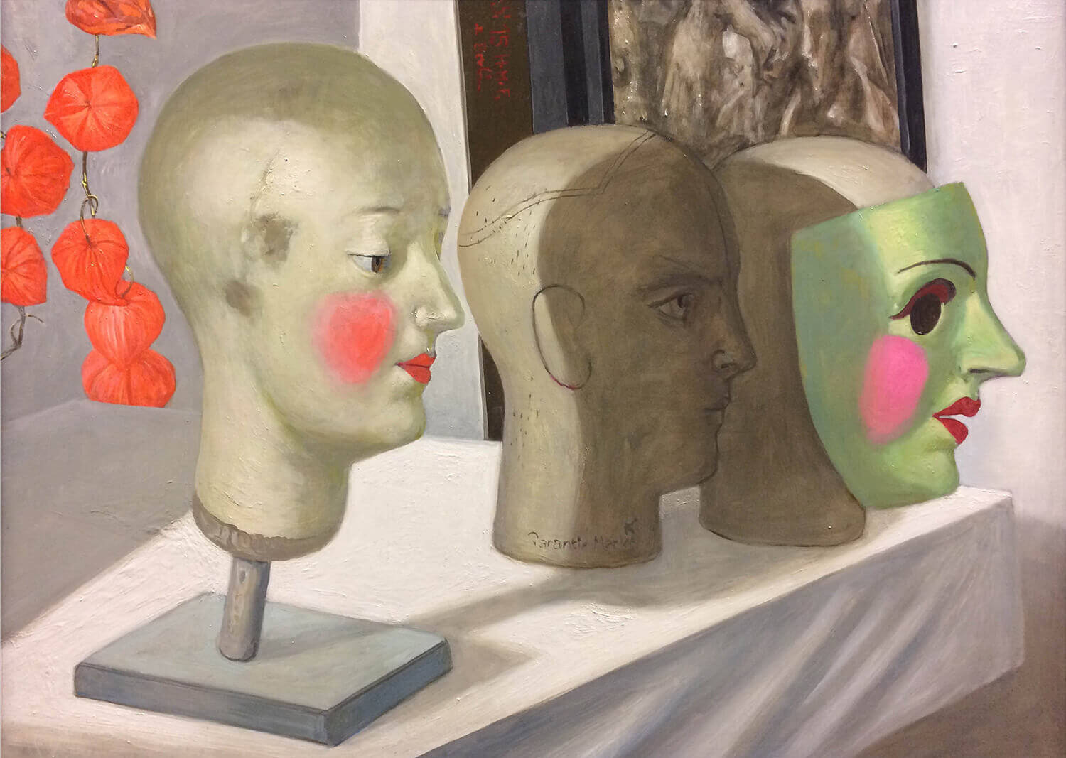 Volker Stelzmann, Heads, Masks, Japanese Lanterns, 2015, mixed media on MDF, 60 x 80 cm

