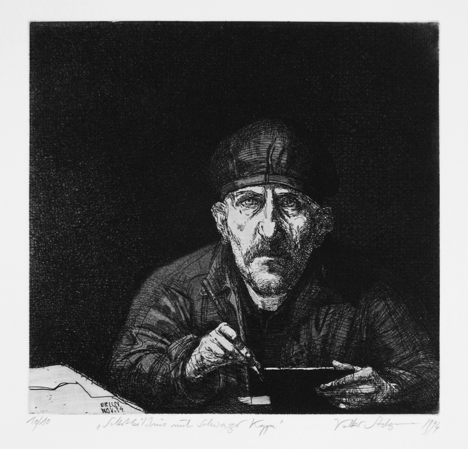 Volker Stelzmann, Selbstbildnis mit schwarzer Kappe, 1994, Radierung, Auflage: 10, Bild: 27,5 x 28,8 cm, Blatt: 53,3 x 50 cm