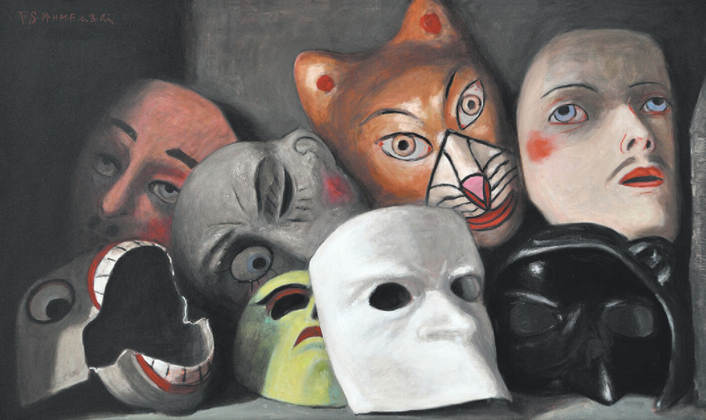 Volker Stelzmann, Still Life Masks, 2014, mixed media on untreated cotton on MDF, 60 x 100 cm