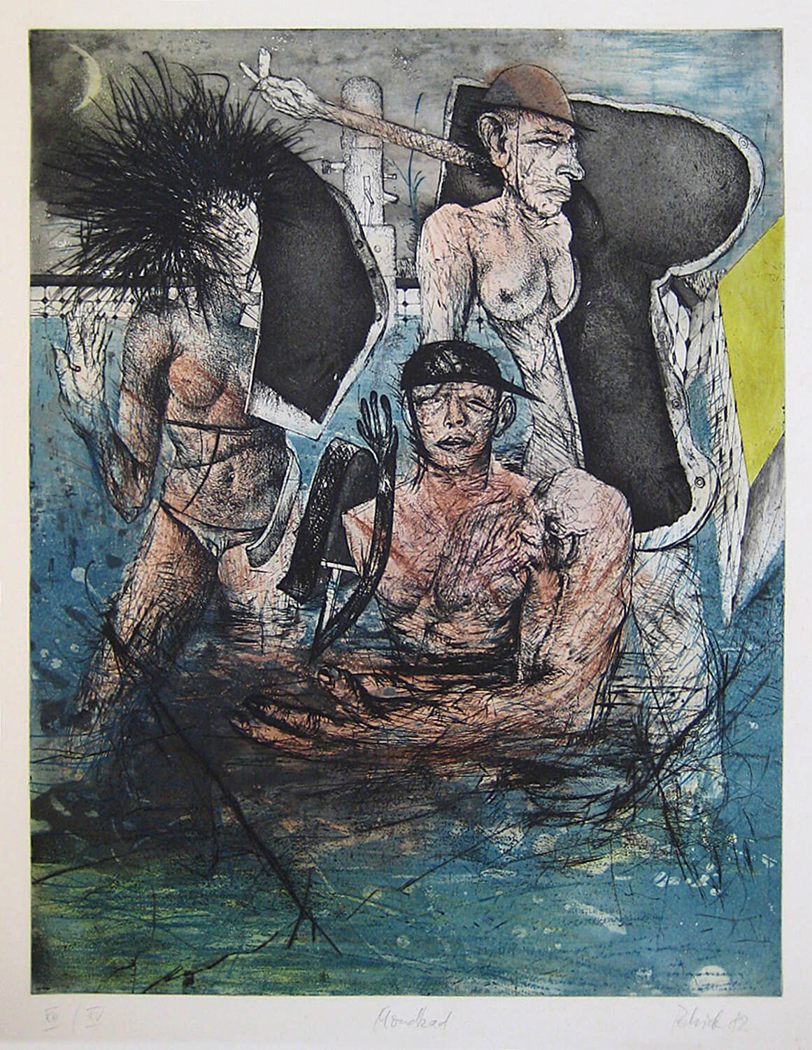 Wolfgang Petrick, Mondbad, 1982, Farbradierung, Auflage: 15, 64 x 49 cm